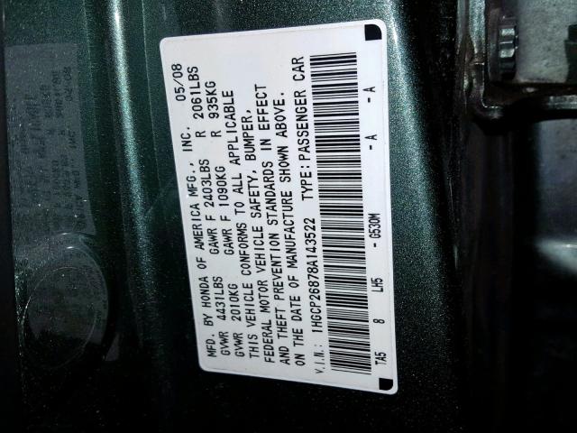 1HGCP26878A143522 - 2008 HONDA ACCORD EXL GREEN photo 10