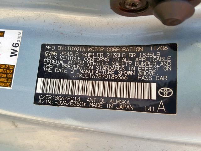 JTKDE167870189366 - 2007 TOYOTA SCION TC ლურჯი ფოტო 10