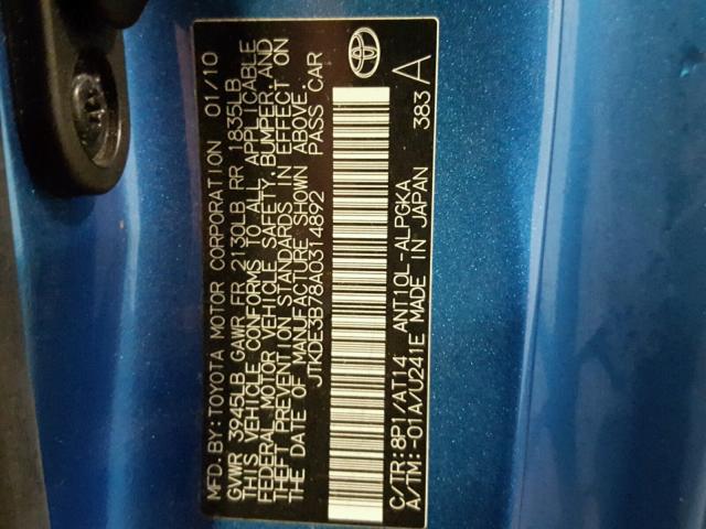 JTKDE3B78A0314892 - 2010 TOYOTA SCION TC ლურჯი ფოტო 10