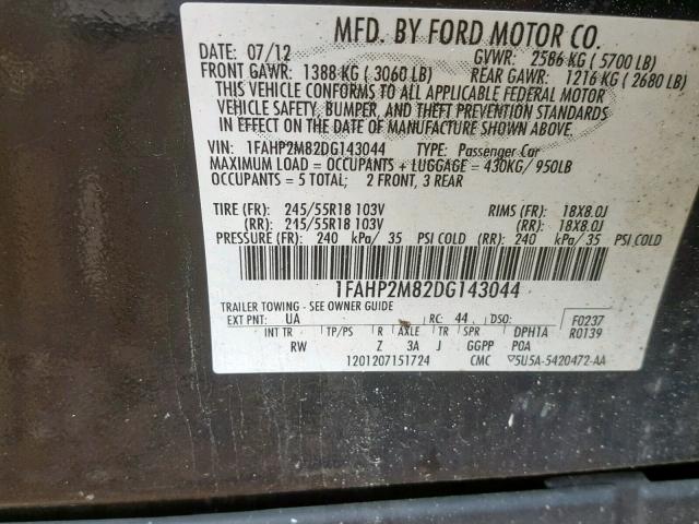 1FAHP2M82DG143044 - 2013 FORD TAURUS POL BLACK photo 10