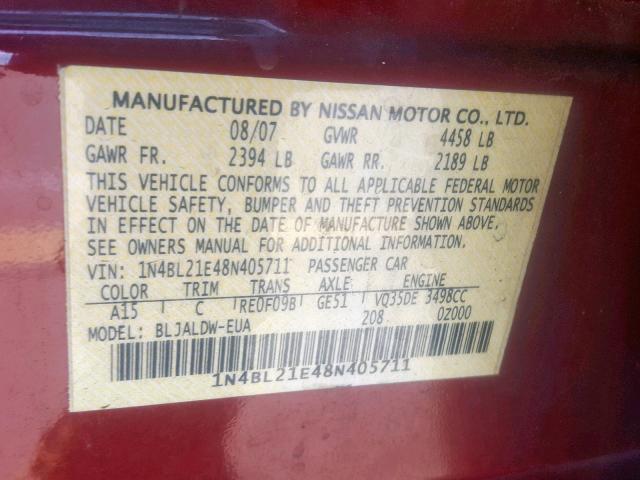 1N4BL21E48N405711 - 2008 NISSAN ALTIMA 3.5 BURGUNDY photo 10