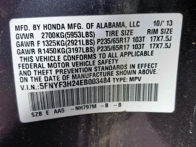 5FNYF3H24EB003484 - 2014 HONDA PILOT LX GRAY photo 10