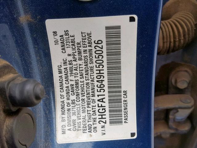 2HGFA15649H505026 - 2009 HONDA CIVIC LX-S BLUE photo 10