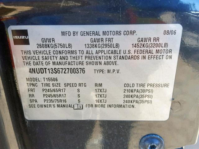 4NUDT13S672700376 - 2007 ISUZU ASCENDER S 灰色 照片 10