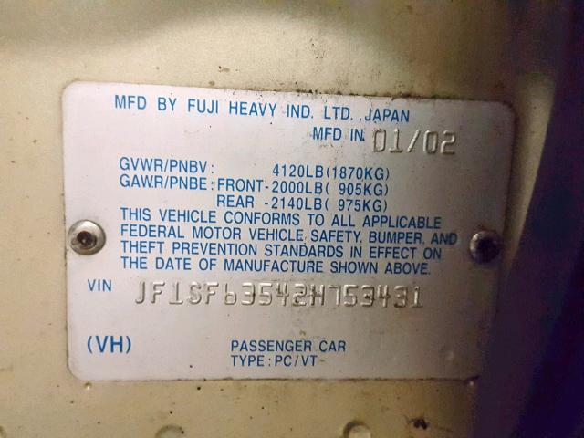 JF1SF63542H753431 - 2002 SUBARU FORESTER L GOLD photo 10