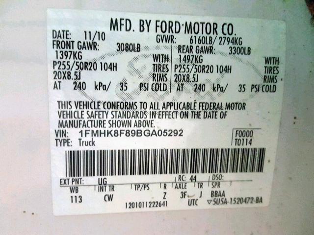 1FMHK8F89BGA05292 - 2011 FORD EXPLORER L WHITE photo 10