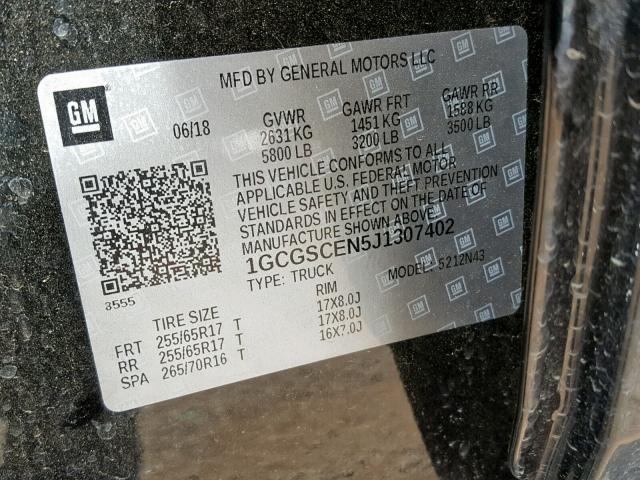 1GCGSCEN5J1307402 - 2018 CHEVROLET COLORADO L BLACK photo 10