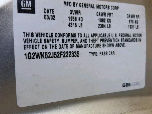 1G2WK52J52F222335 - 2002 PONTIAC GRAND PRIX SILVER photo 10