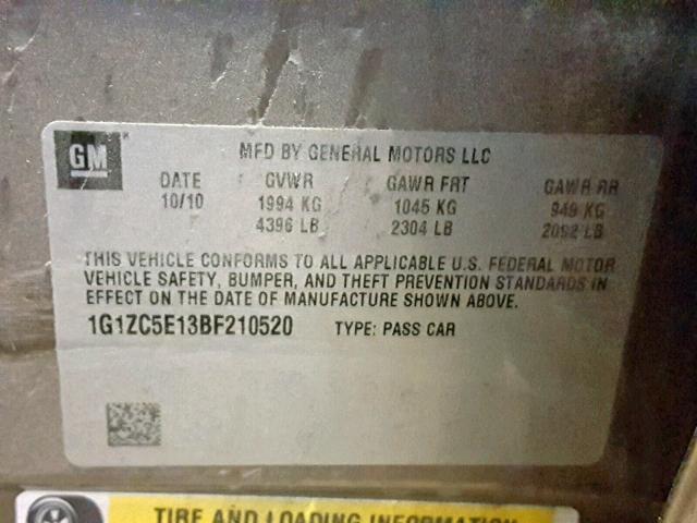 1G1ZC5E13BF210520 - 2011 CHEVROLET MALIBU 1LT თაფლისფერი ფოტო 10