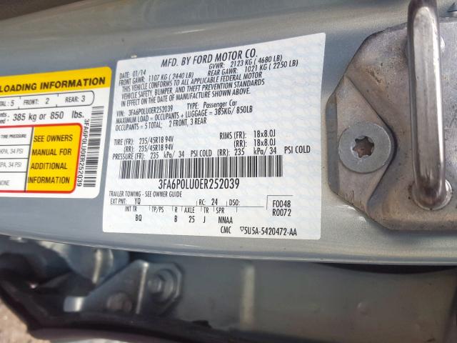 3FA6P0LU0ER252039 - 2014 FORD FUSION SE HYBRID  photo 10