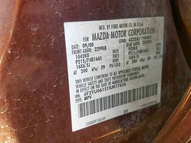 4F2YU06151KM17434 - 2001 MAZDA TRIBUTE DX 栗色 照片 10