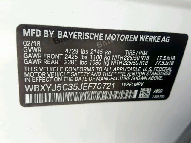 WBXYJ5C35JEF70721 - 2018 BMW X2 XDRIVE2 WHITE photo 10
