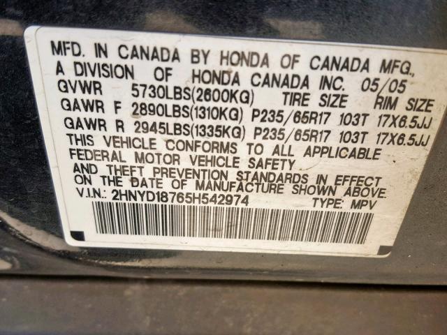 2HNYD18765H542974 - 2005 ACURA MDX TOURIN CHARCOAL photo 10