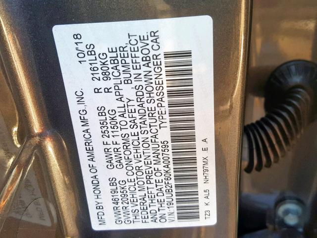 19UUB2F60KA007595 - 2019 ACURA TLX GRAY photo 10