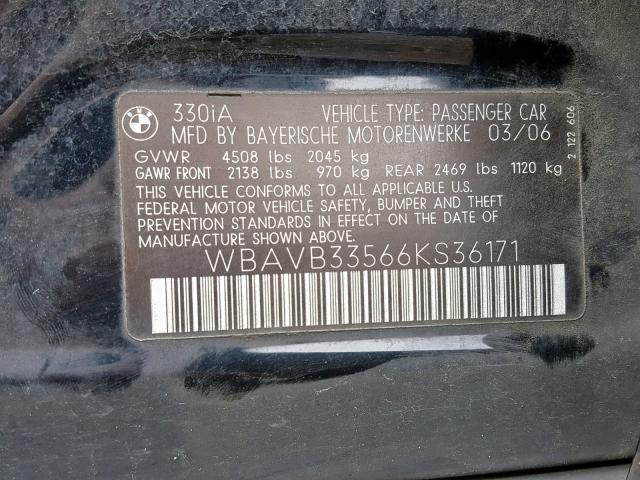 WBAVB33566KS36171 - 2006 BMW 330 I BLACK photo 10