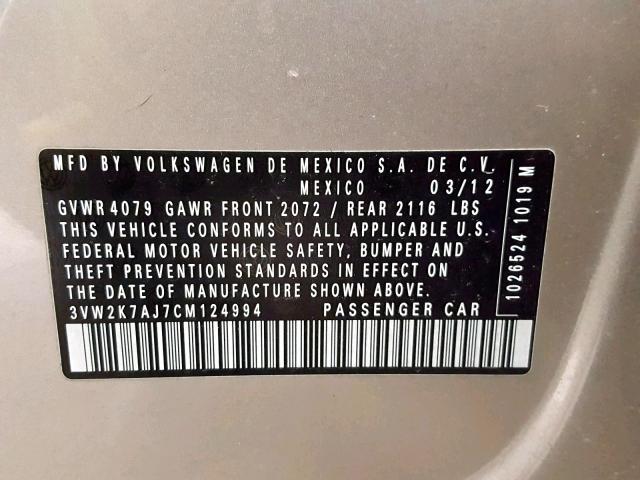 3VW2K7AJ7CM124994 - 2012 VOLKSWAGEN JETTA BASE TAN photo 10