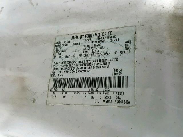 1FTYR10D49PA20323 - 2009 FORD RANGER WHITE photo 10