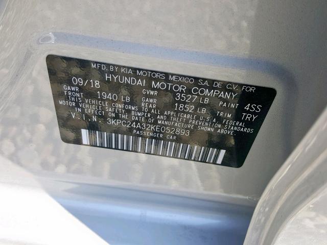 3KPC24A32KE052893 - 2019 HYUNDAI ACCENT SE GRAY photo 10