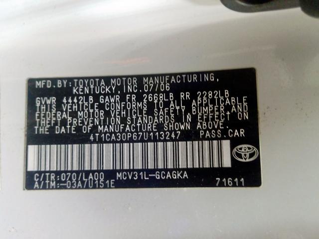 4T1CA30P67U113247 - 2007 TOYOTA CAMRY SOLARA SE  photo 10