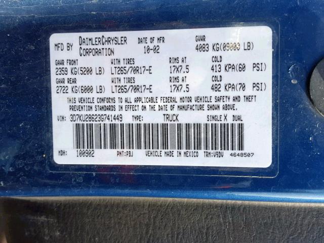 3D7KU28623G741449 - 2003 DODGE RAM 2500 S ლურჯი ფოტო 10