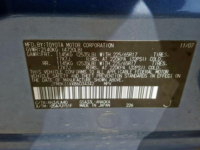 JTMBK31VX86034342 - 2008 TOYOTA RAV4 LIMIT BLUE photo 10