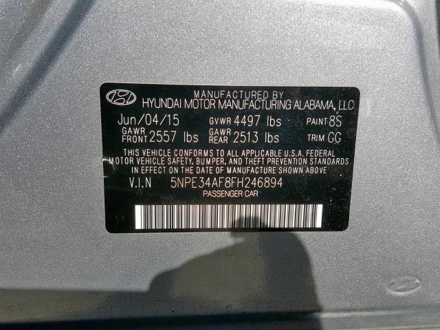 5NPE34AF8FH246894 - 2015 HYUNDAI SONATA SPO GRAY photo 10