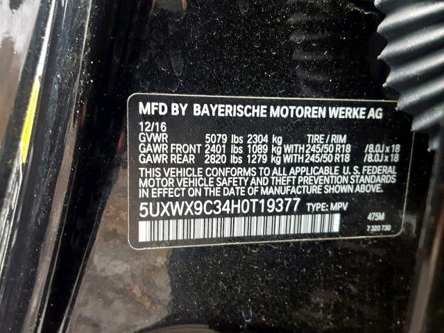 5UXWX9C34H0T19377 - 2017 BMW X3 XDRIVE2 BLACK photo 10