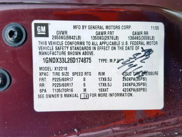 1GNDX33L26D174875 - 2006 CHEVROLET UPLANDER L 勃艮第红 照片 10