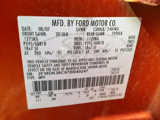 2FMDK38C97BB49247 - 2007 FORD EDGE SEL ORANGE photo 10