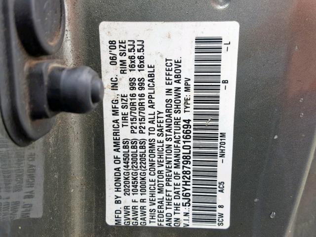 5J6YH28798L016694 - 2008 HONDA ELEMENT EX GRAY photo 10