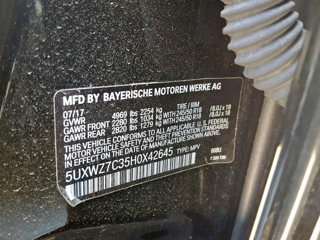 5UXWZ7C35H0X42645 - 2017 BMW X3 SDRIVE2 BLACK photo 10