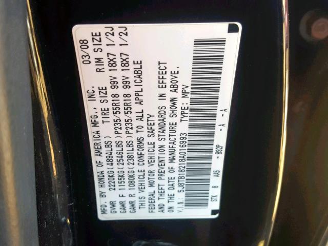 5J8TB18218A016993 - 2008 ACURA RDX BLACK photo 10