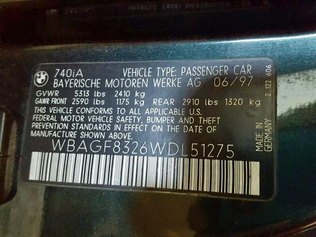 WBAGF8326WDL51275 - 1998 BMW 740 I AUTO GREEN photo 10