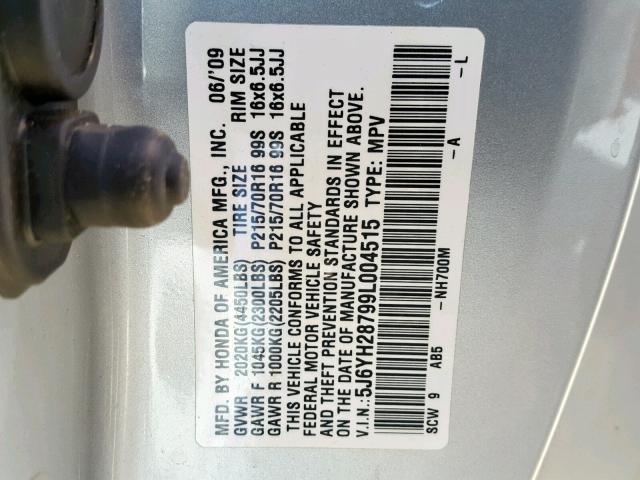 5J6YH28799L004515 - 2009 HONDA ELEMENT EX SILVER photo 10