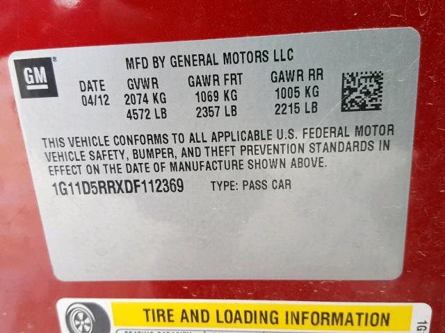 1G11D5RRXDF112369 - 2013 CHEVROLET MALIBU 1LT წითელი ფოტო 10