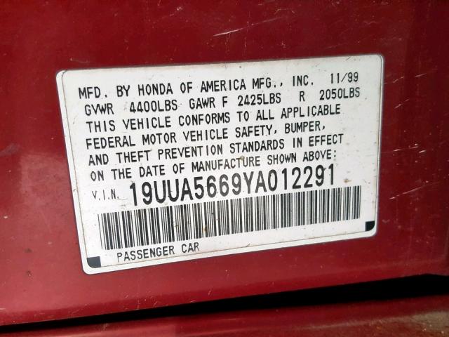 19UUA5669YA012291 - 2000 ACURA 3.2TL RED photo 10