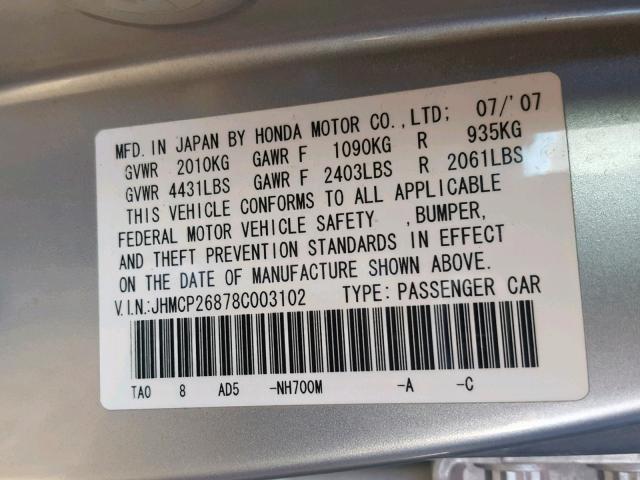 JHMCP26878C003102 - 2008 HONDA ACCORD EXL SILVER photo 10