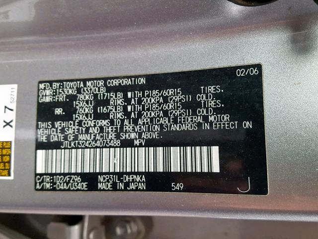 JTLKT324264073488 - 2006 TOYOTA SCION XB GRAY photo 10