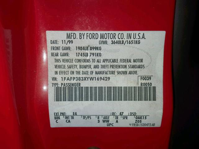 1FAFP383XYW169429 - 2000 FORD FOCUS ZTS RED photo 10