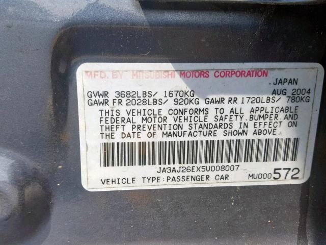 JA3AJ26EX5U008007 - 2005 MITSUBISHI LANCER ES GRAY photo 10