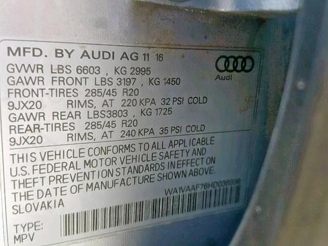 WA1VAAF76HD036898 - 2017 AUDI Q7 PRESTIG SILVER photo 10