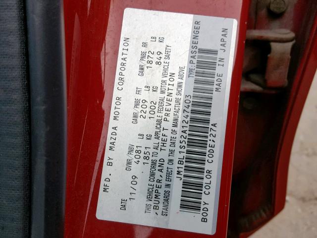 JM1BL1S52A1247403 - 2010 MAZDA 3 S RED photo 10