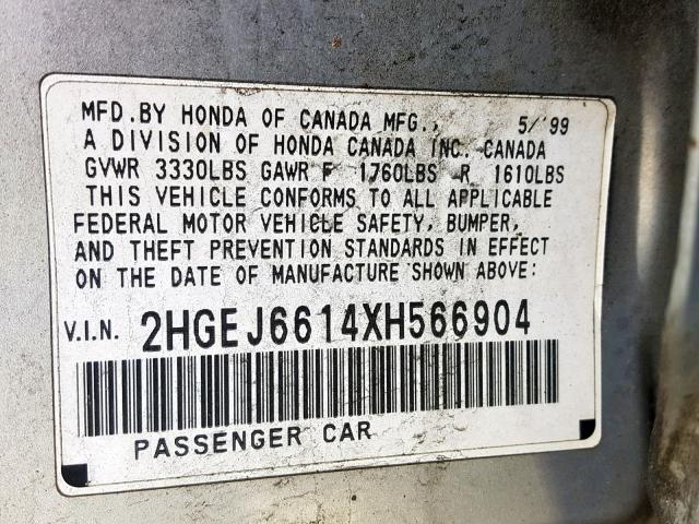 2HGEJ6614XH566904 - 1999 HONDA CIVIC BASE SILVER photo 10