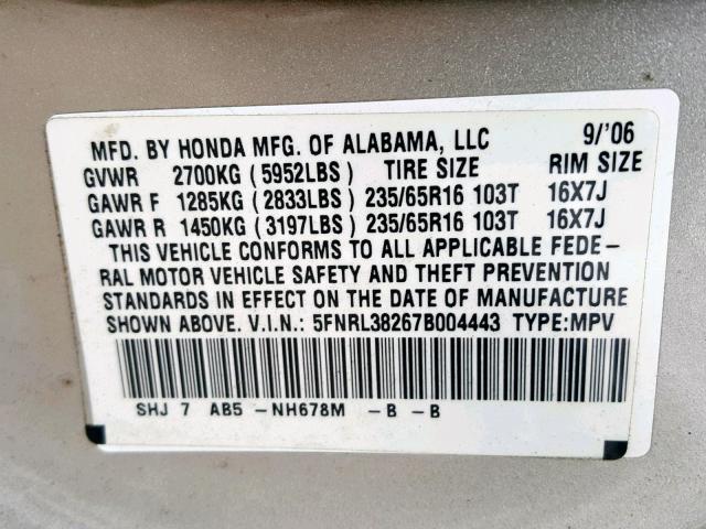 5FNRL38267B004443 - 2007 HONDA ODYSSEY LX SILVER photo 10