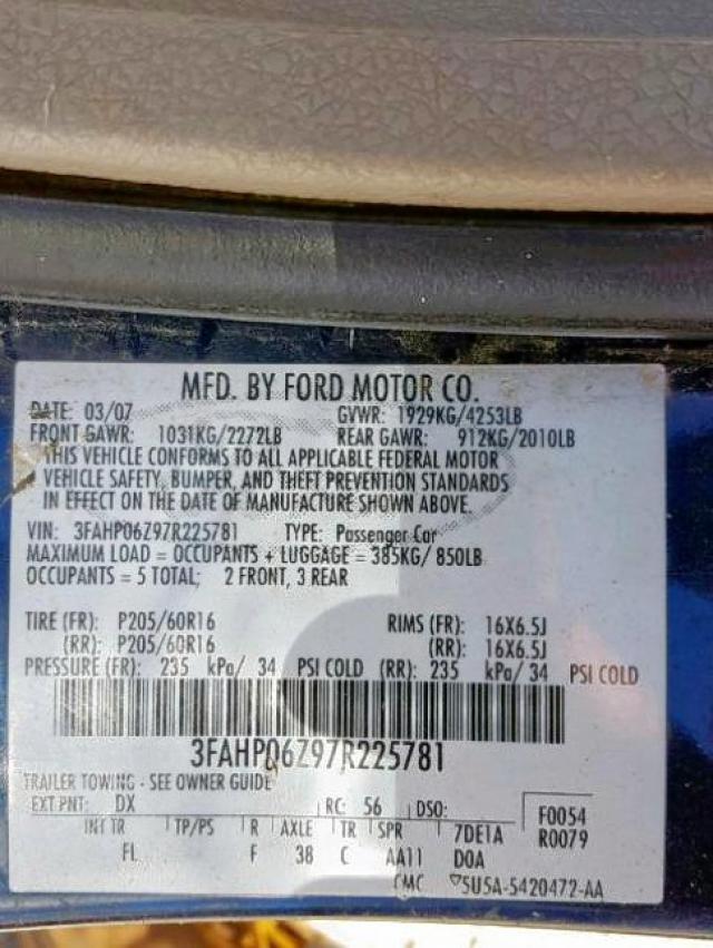 3FAHP06Z97R225781 - 2007 FORD FUSION S BLUE photo 10