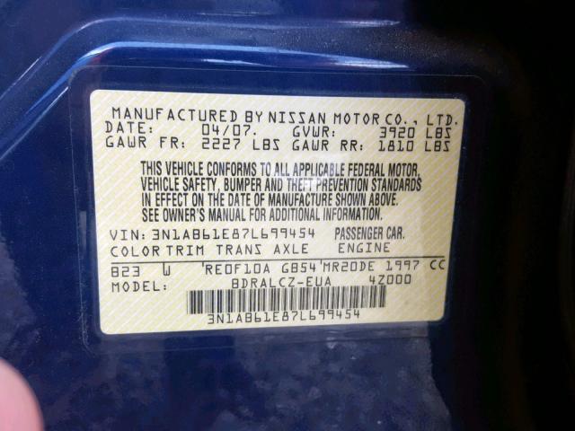 3N1AB61E87L699454 - 2007 NISSAN SENTRA 2.0 BLUE photo 10