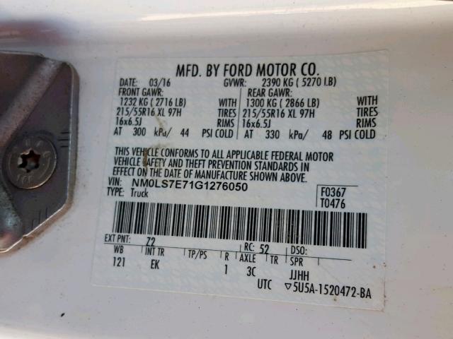 NM0LS7E71G1276050 - 2016 FORD TRANSIT CO WHITE photo 10