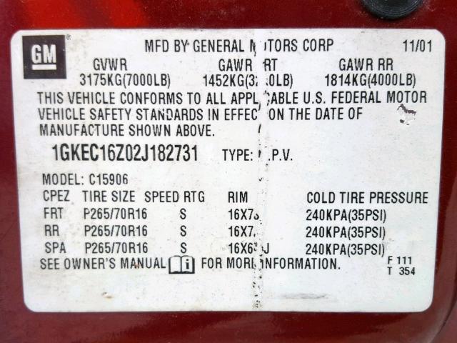 1GKEC16Z02J182731 - 2002 GMC YUKON XL C MAROON photo 10