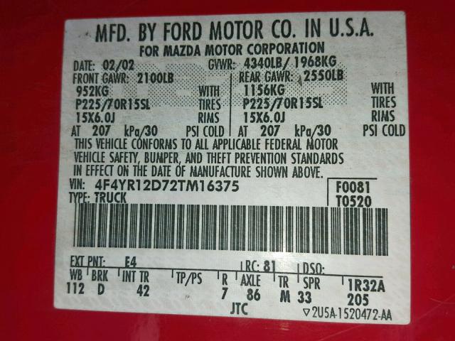 4F4YR12D72TM16375 - 2002 MAZDA B2300 RED photo 10