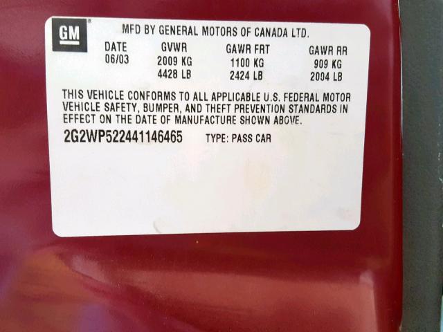 2G2WP522441146465 - 2004 PONTIAC GRAND PRIX RED photo 10
